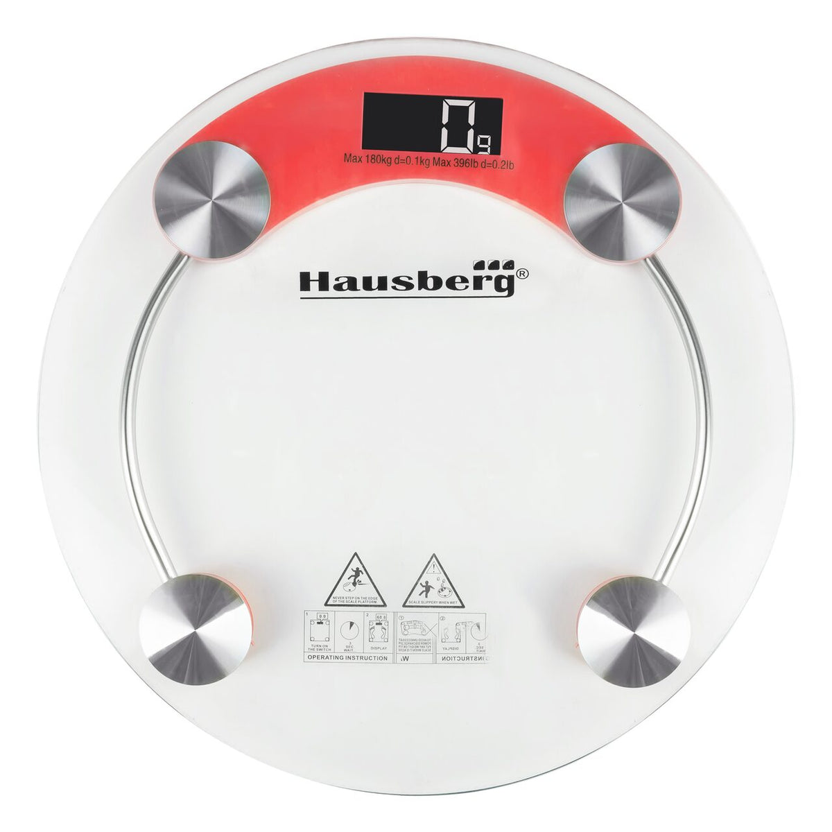 Cantar corporal HAUSBERG HB-6000RS, display LCD, inchidere automata, indicator baterie, 180 kg, Sticla transaparenta, Rosu