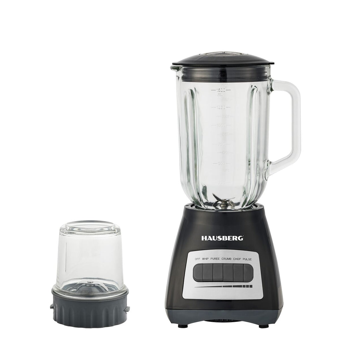Blender cu rasnita HAUSBERG HB-7772NG, 400-500W, Capacitate 1.5L, Bol din Sticla, 4 Viteze, Lame din Inox, Negru