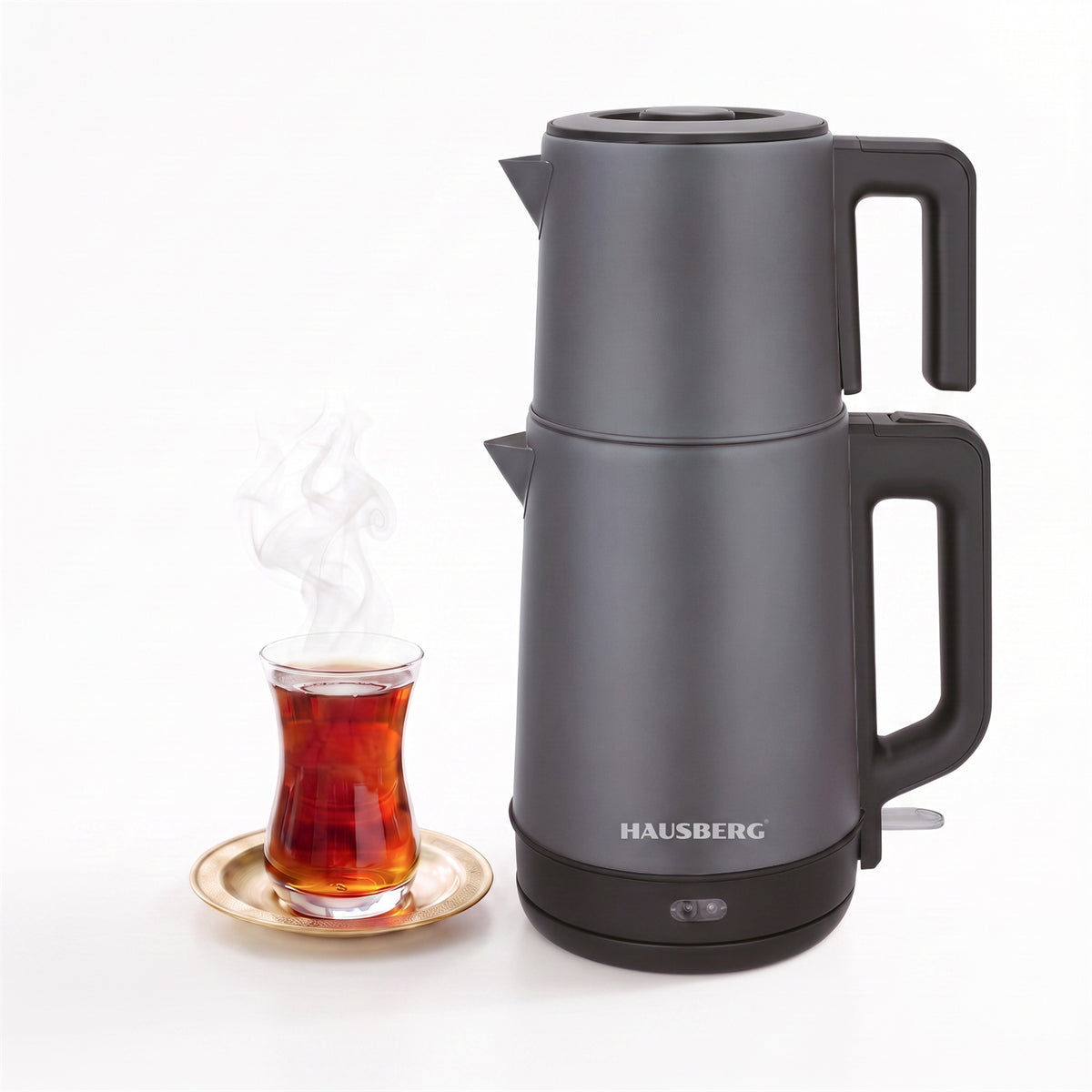 Cana electrica pentru ceai din inox, 2L + ceainic 1L, functie mentinere la cald, 1500–1800W, baza 360° Hausberg HB3636GR