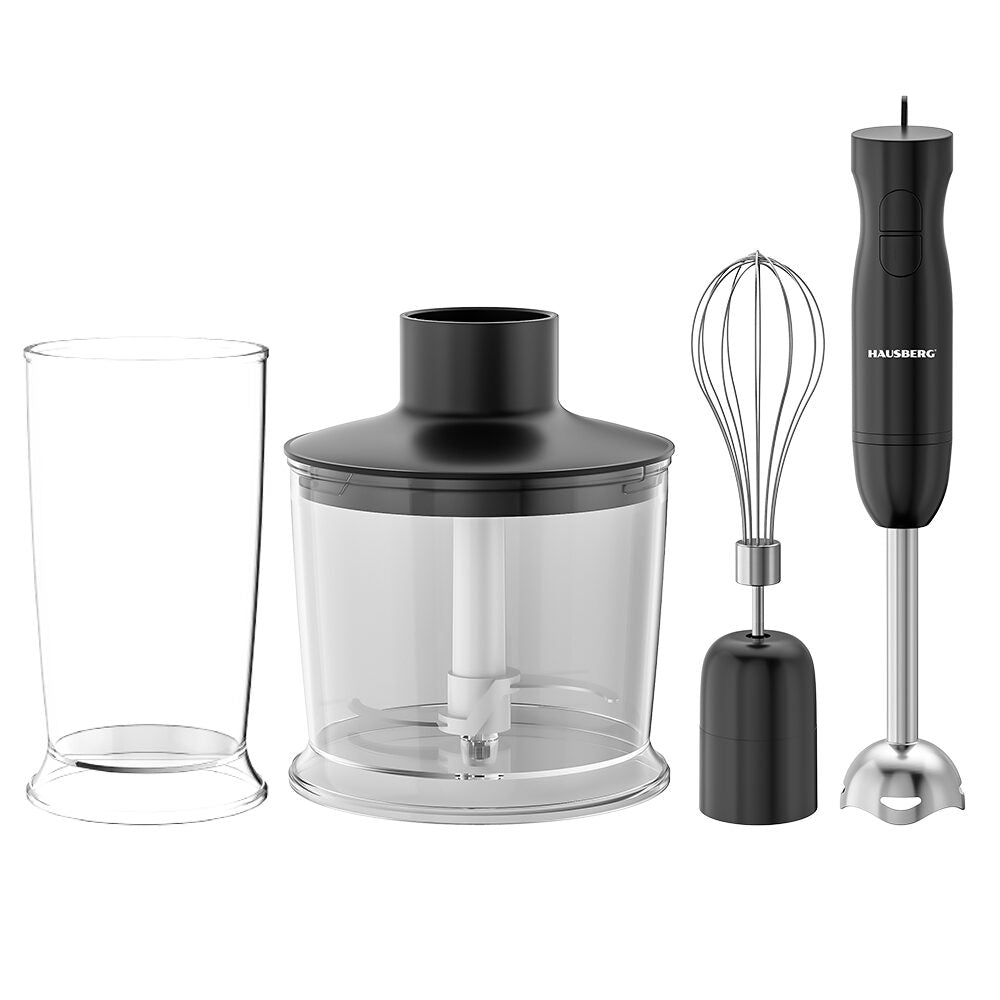 Blender 3 in 1 HAUSBERG HB-7701NG, 500W, 2 viteze, Material ABS, lame din inox, Capacitate pahar 700ml, tocator 500ml, Negru