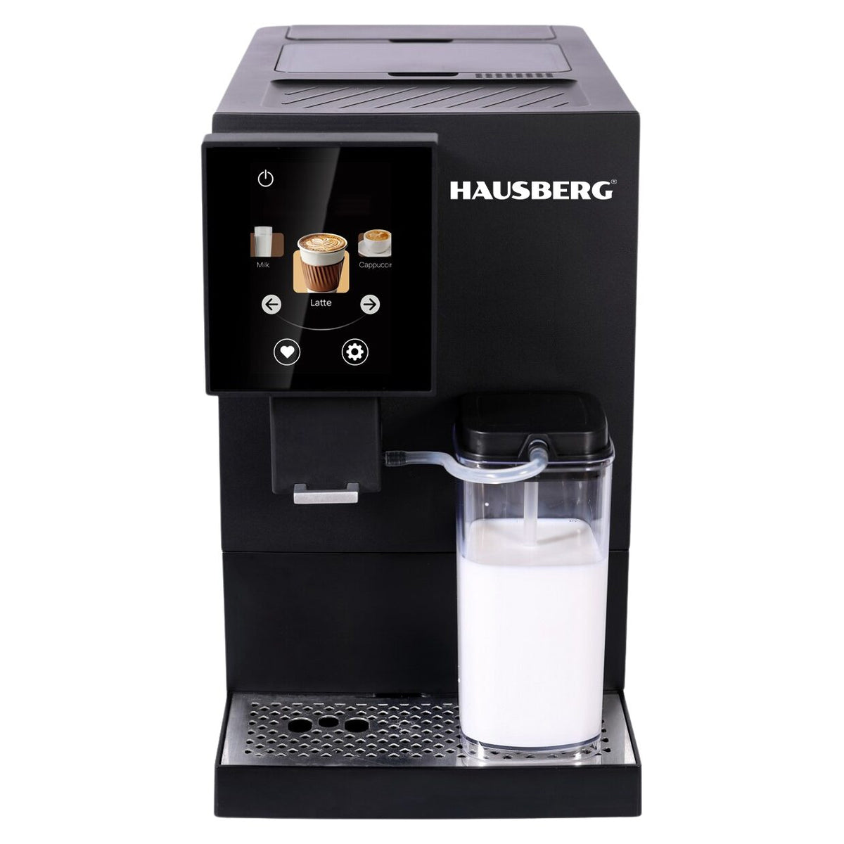 Aparat de cafea digital Hausberg HB3775NG, automat boabe, ecran tactil TFT 3.5", cappuccino/latte, recipient lapte 400 ml, rezervor 1.1 L, 1100-1350 W
