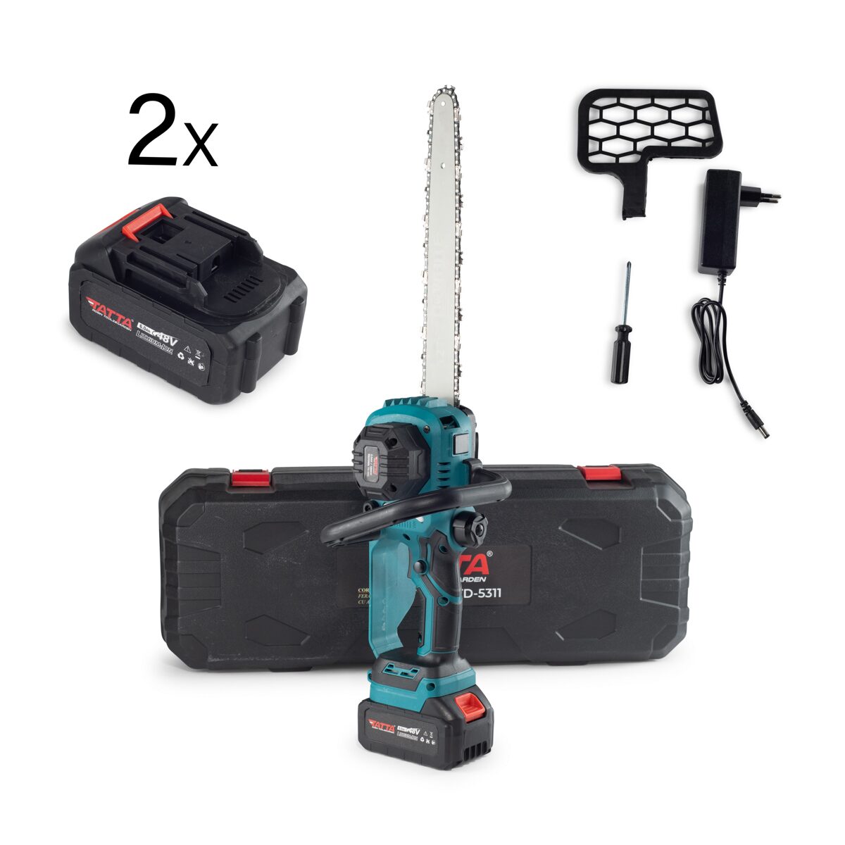 Fierăstrău cu Lanț și Acumulator Tatta TD-5311, Motor Brushless 1000W, 21V, 6000 RPM, Lame 12" (30cm), Baterie Li-Ion 2.0Ah cu 10 Celule