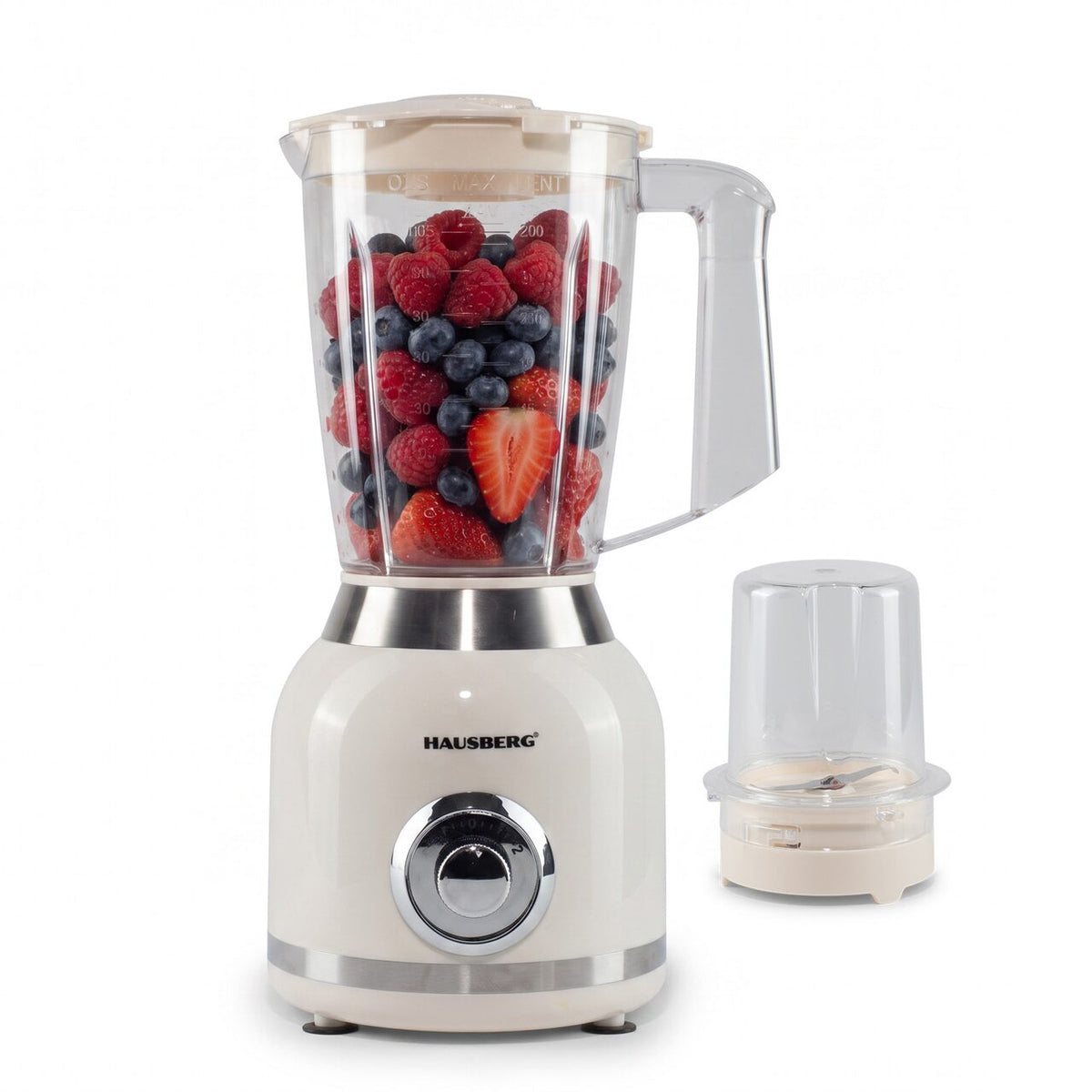 Blender 2 în 1 de mare putere Hausberg HB-7773BEJ, 400W, capacitate 1.75L, râșniță 300ml inclusă, lame inox, bej