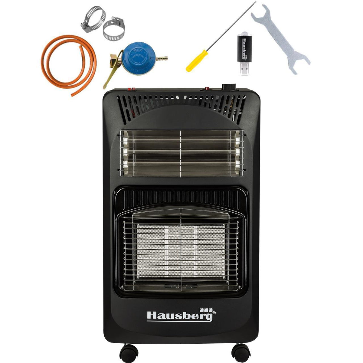 Pachet Soba pe gaz GPL (butelie) si electric HAUSBERG HB-1020NG, aprindere piezo-electrica, 4.2kW, Negru, Ceas butelie, 1m furtun gaz MN2015 si 2 coliere furtun