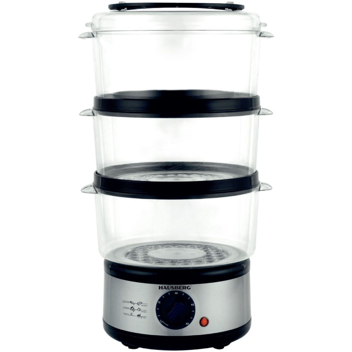 Aparat de gatit cu aburi Hausberg HB-1355, Putere 400 W, 7.2 L, 3 tavi demontabile, capacitate: 2.4 L /tava, Argintiu