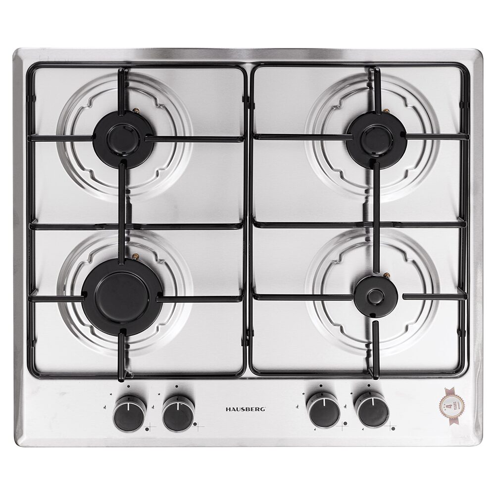 Plita incorporabila Hausberg HB-555, aprindere electrica, gaz, 4 arzatoare, sistem siguranta, Inox