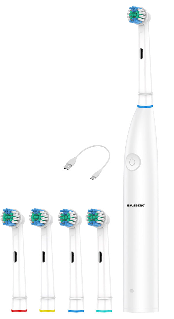 Periuță de dinți electrică reîncărcabilă Hausberg HB-374AB, Micro-vibrații 22.000 rot/min, 6 moduri, IP67, USB-C, 5 capete incluse, Albă