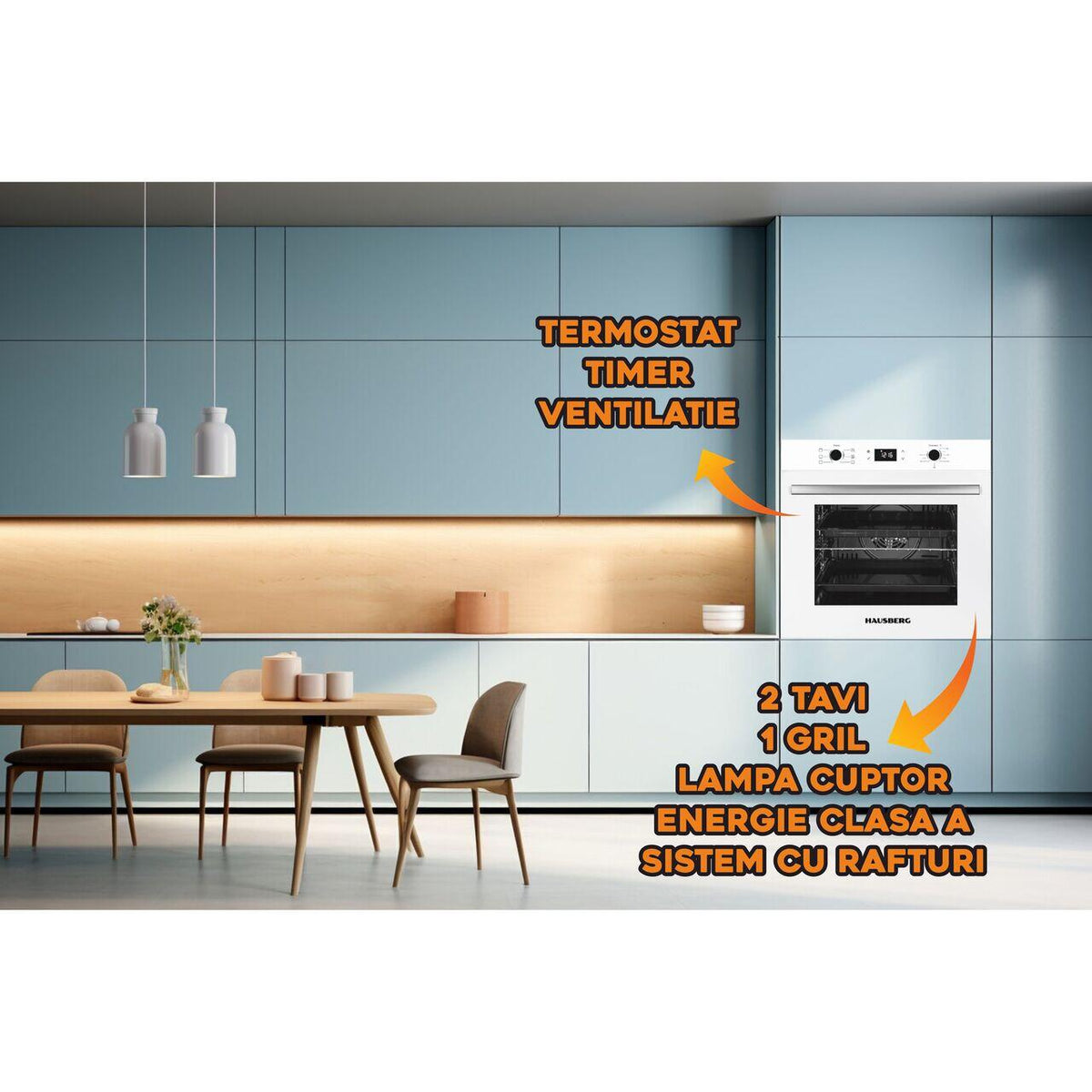 Cuptor electric incorporabil Hausberg HB-8054AB, Clasa A, volum 71L, putere 2225W, panou sticla termoizolant, termostat, timer, 8 functii, ventilatie, Alb