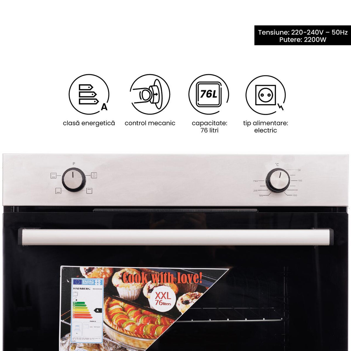 Cuptor incorporabil Hausberg HB-8051IN, Electric, Putere 2225W, 76 l, 4 Functii, Clasa A, Negru/Inox