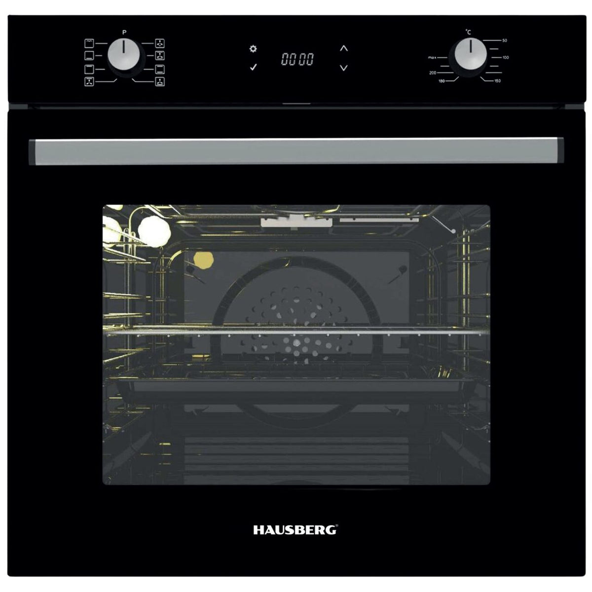 Cuptor electric incorporabil Hausberg HB-8054NG, Clasa A, volum 71L, putere 2225W, panou sticla termoizolant, termostat, timer, 8 functii, ventilatie, Negru