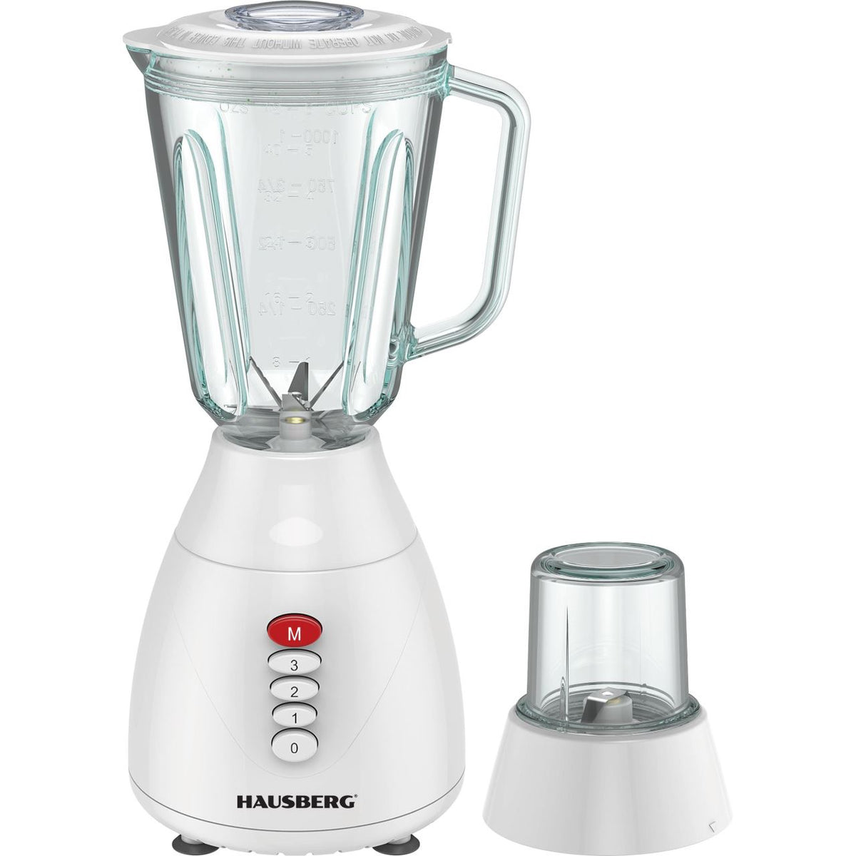 Blender HAUSBERG HB-7760AB, 350W, 1.5L, 3 trepte viteza, functie Pulse, zdrobire gheata, 4 lame detasabile, Alb
