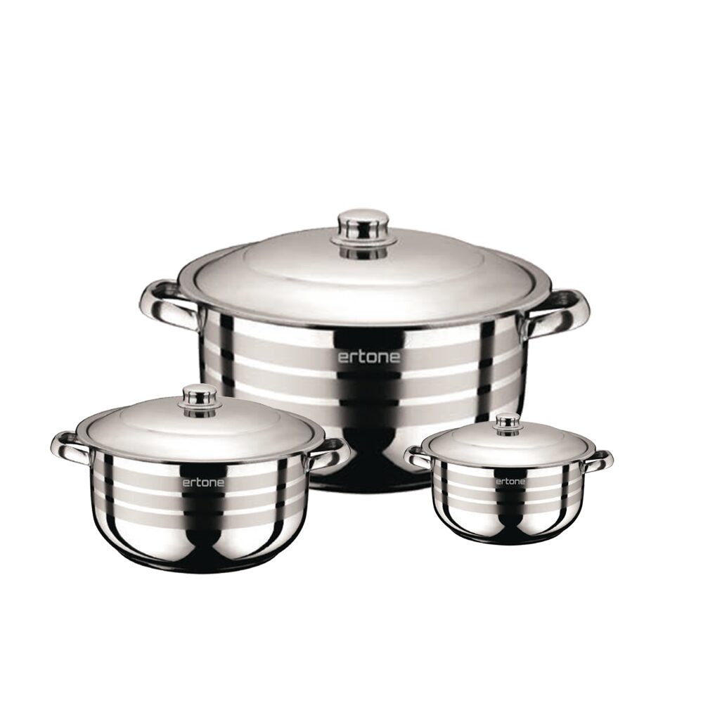 Set 3 oale din inox Ertone MN-515 cu 3 capace din sticla, 20cm/3.2L, 22cm/4,5L, 24cm/6,3L, Inox