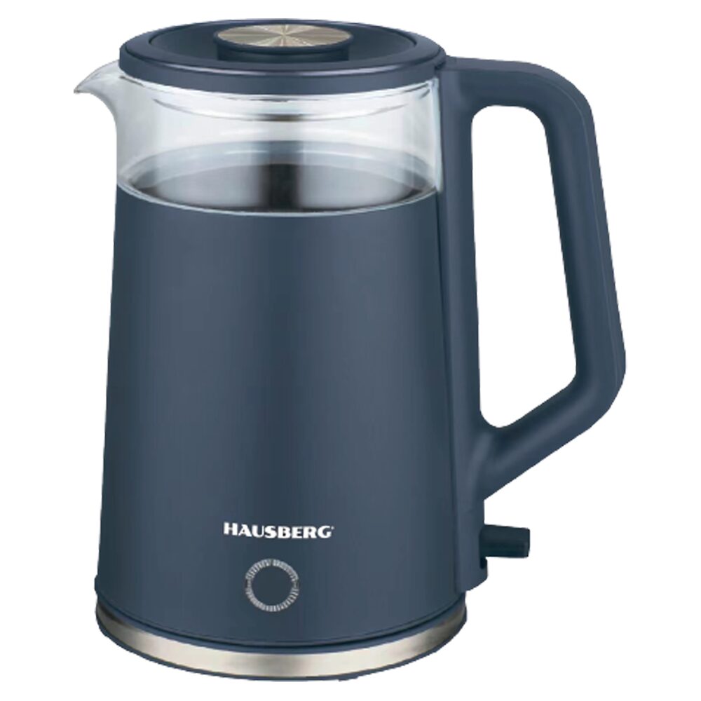 Cana fierbator HAUSBERG HB-3619BL, 1500 - 1800W, capacitate 2L, Anti-uscare, Oprire automata, Material Inox, sticla + plastic Bleu