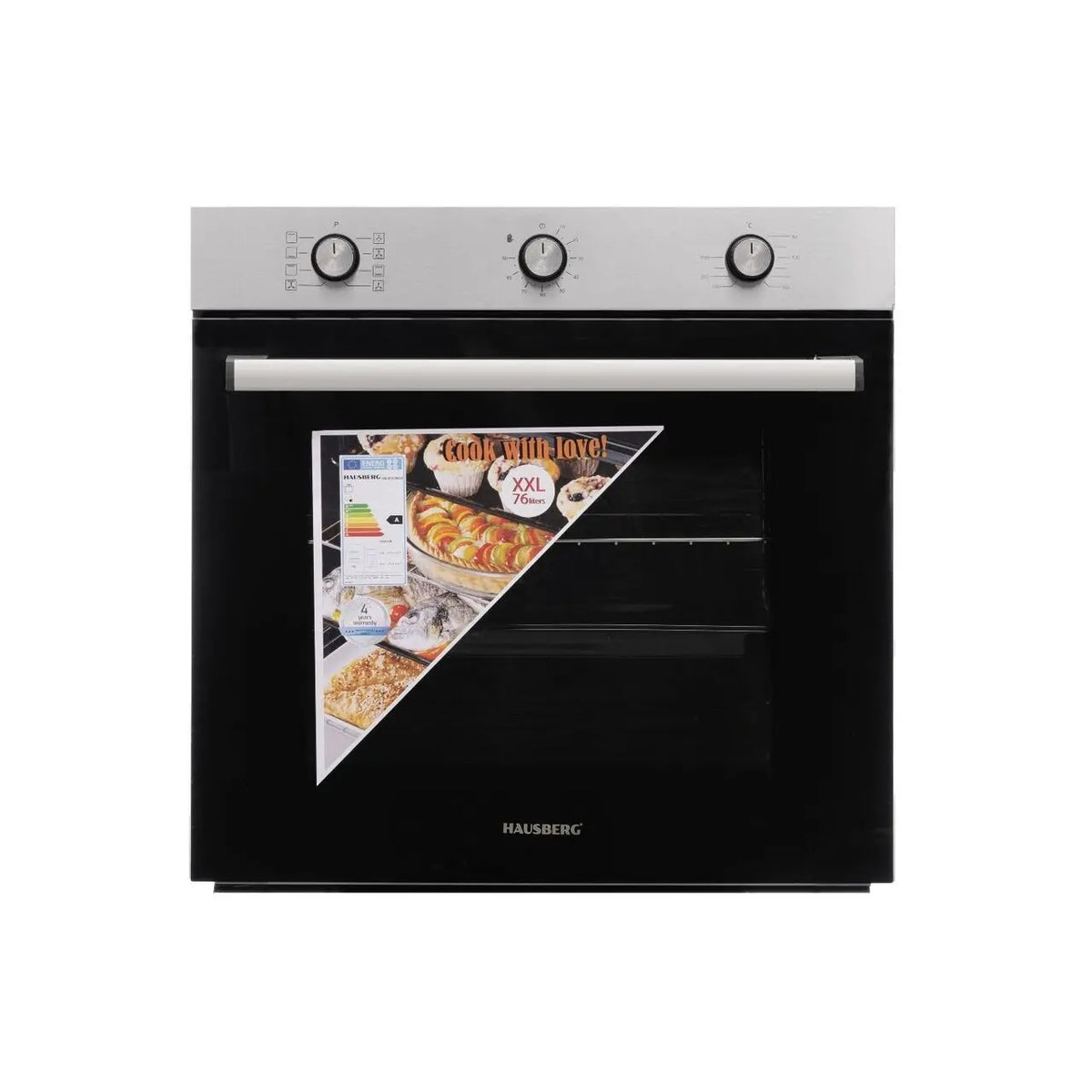 Cuptor incorporabil Hausberg HB-8053IN, Electric, Putere 2225 W, 71 l, 8 Functii, Ventilatie, Timer, Clasa A, Negru/Inox
