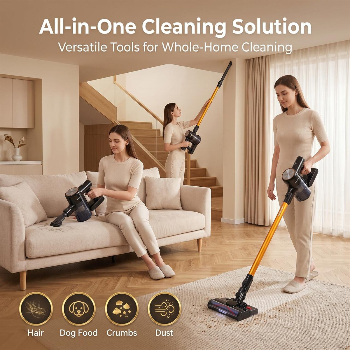 Aspirator Vertical Fără Fir Hausberg HB-2018NG 2-în-1 cu Mop, 16 KPa, Autonomie 45 Min, Filtru HEPA, Negru/Gri