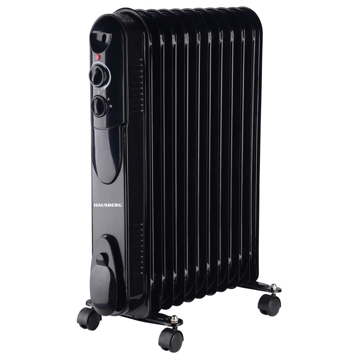 Calorifer electric cu ulei HAUSBERG HB-8925, 3 trepte, 1000-1500-2500 W, 11 elementi 110 mm x 580 mm, termostat reglabil, maner si rotite pentru o deplasare facila, indicator luminos functionare