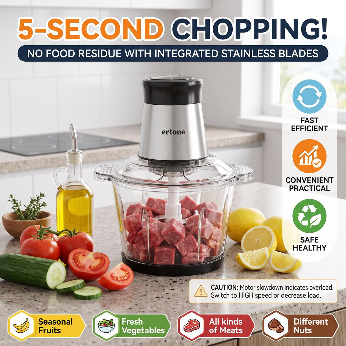 Tocator electric ERTONE ERT-243IN, 500 W, 2 viteze, bol inox, Negru/Inox