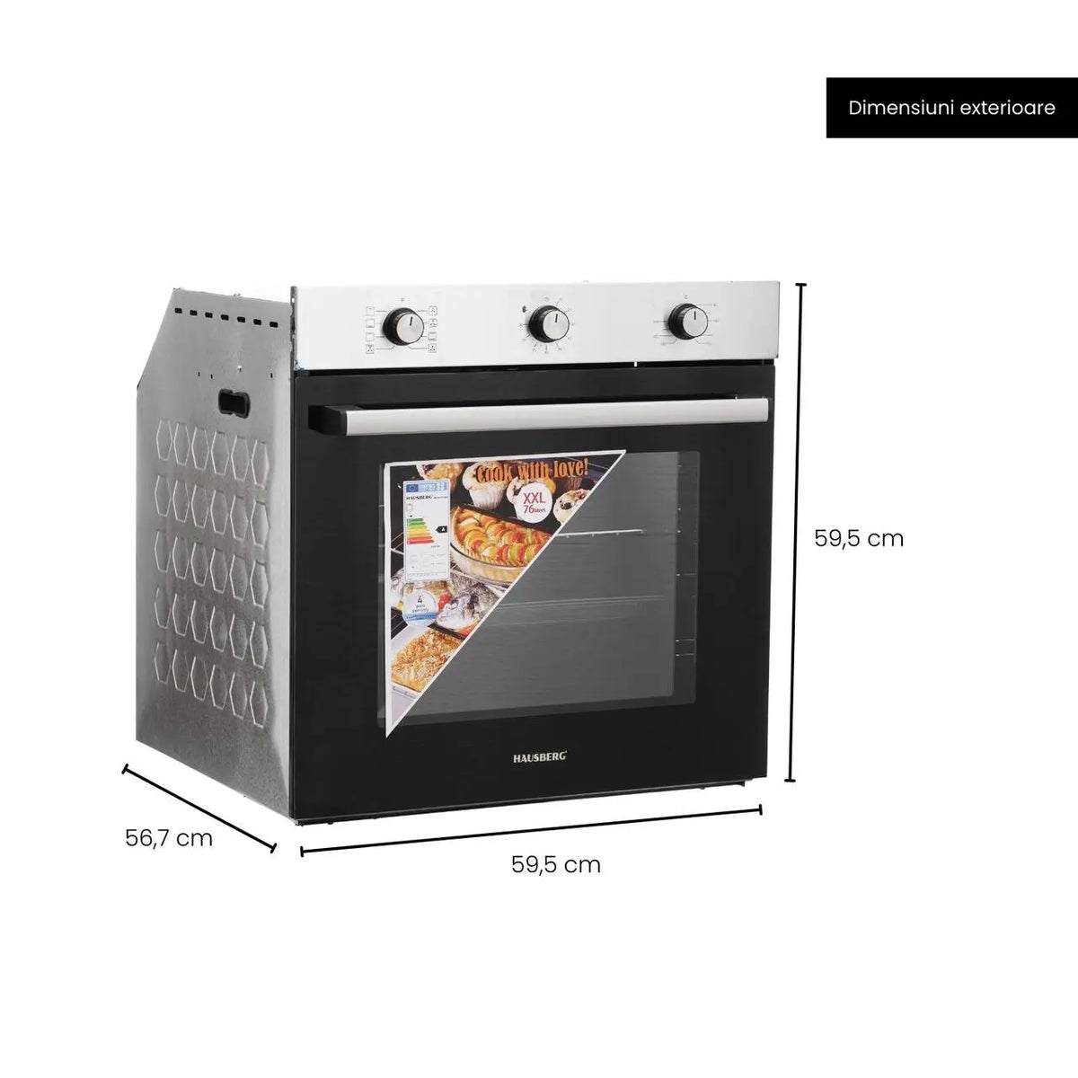 Cuptor incorporabil Hausberg HB-8053IN, Electric, Putere 2225 W, 71 l, 8 Functii, Ventilatie, Timer, Clasa A, Negru/Inox