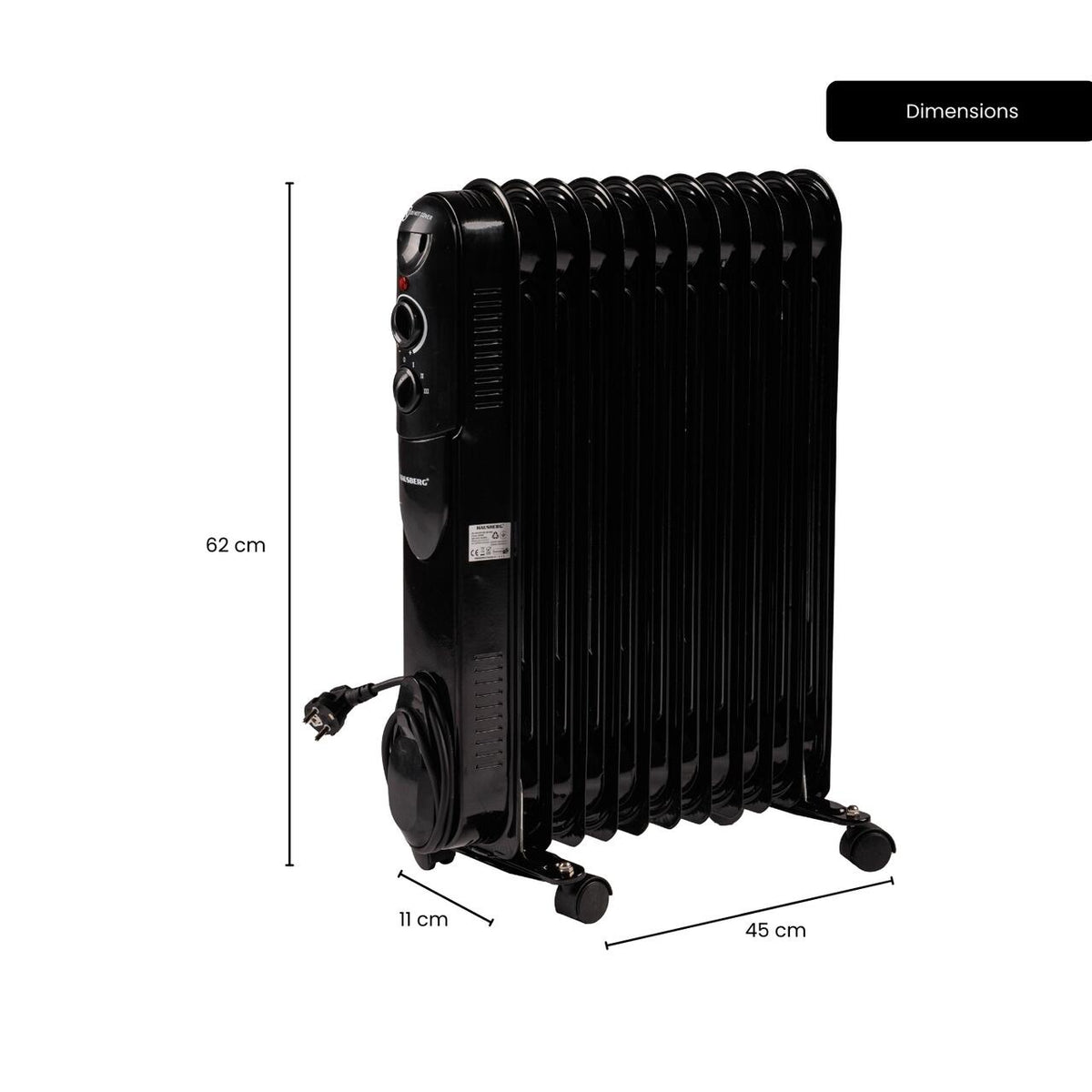 Calorifer electric cu ulei HAUSBERG HB-8925, 3 trepte, 1000-1500-2500 W, 11 elementi 110 mm x 580 mm, termostat reglabil, maner si rotite pentru o deplasare facila, indicator luminos functionare