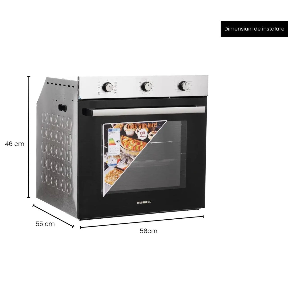 Cuptor incorporabil Hausberg HB-8053IN, Electric, Putere 2225 W, 71 l, 8 Functii, Ventilatie, Timer, Clasa A, Negru/Inox