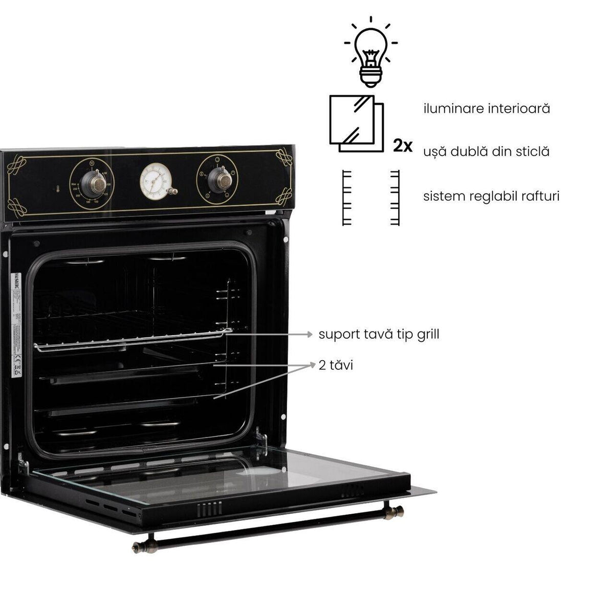 Cuptor incorporabil Hausberg HB-8055RST, Electric, Putere 2000 W, 57 l, 4 Functii, Ventilatie, Timer, Clasa A, Negru/Auriu
