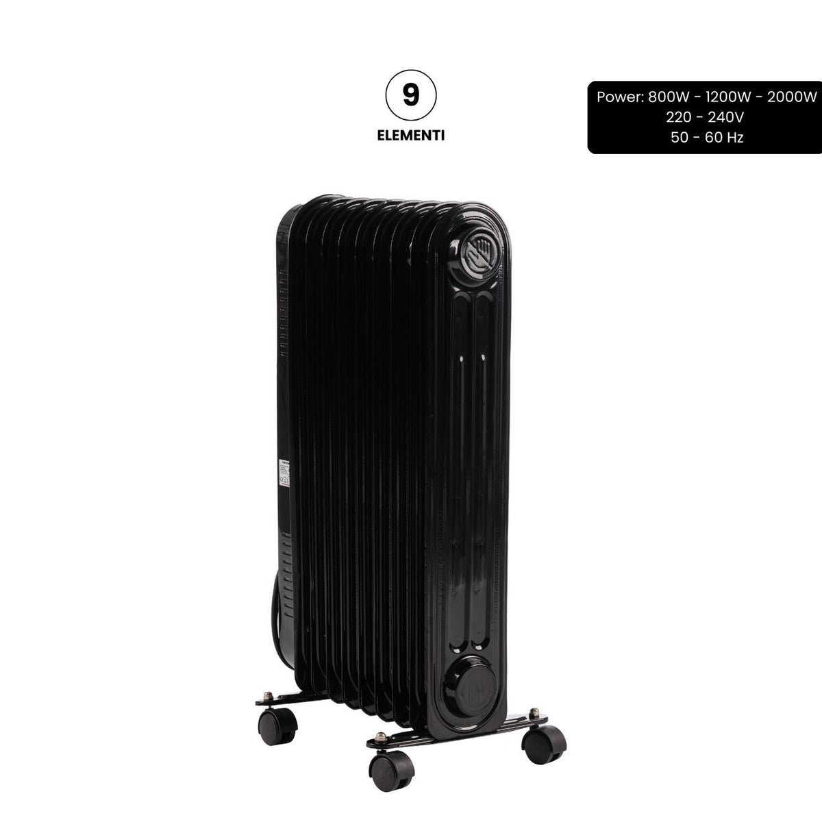 Calorifer electric cu ulei HAUSBERG HB-8915, 3 trepte, 800-1200-2000 W, 9 elementi 110 mm x 580 mm, termostat reglabil, maner si rotite pentru o deplasare facila, indicator luminos functionare