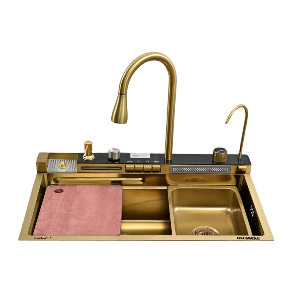 Set chiuveta multifunctionala HAUSBERG HBC-9955AU din otel inoxidabil, baterie dubla, cuva perforata fructe/legume, cuva universala cu dop scurgere, tocator, 750x460x220 mm, accesorii incluse, Auriu