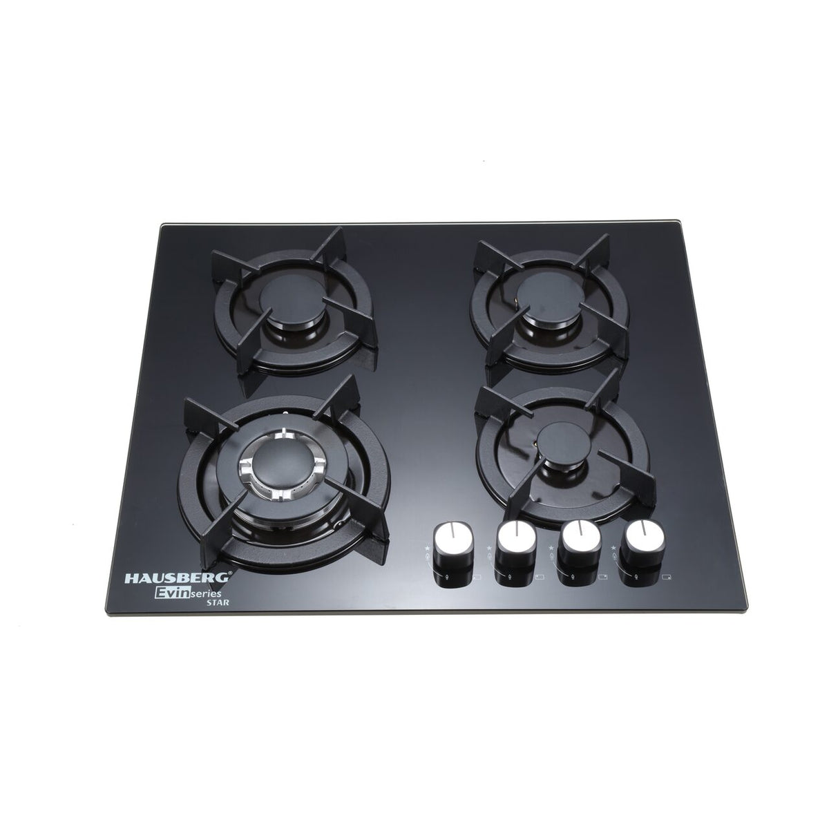 Plita incorporabila Hausberg HB-560NG, 3 arzatoare standard + 1 arzator WOK, aprindere electrica, suport din fonta, capac arzator fier, gaz, Negru