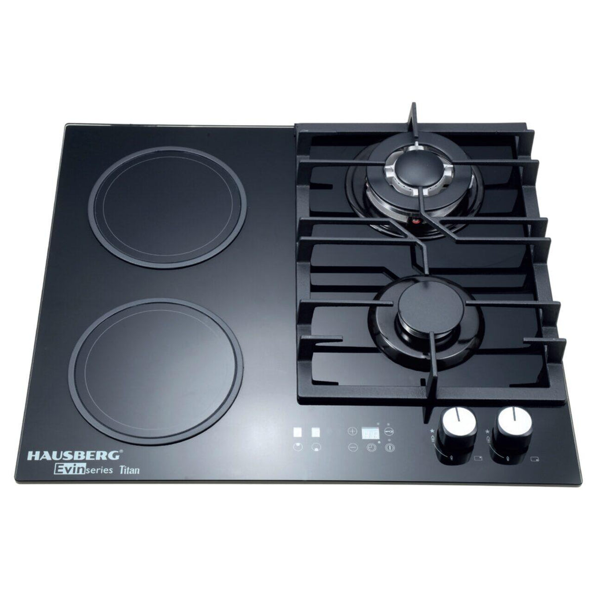 Plita incorporabila mixta HAUSBERG HB-1539, 2 arzatoare gaz + 2 zone vitroceramice, 600 mm, sticla neagra, control touch, aprindere electrica, siguranta gaz, suport fonta