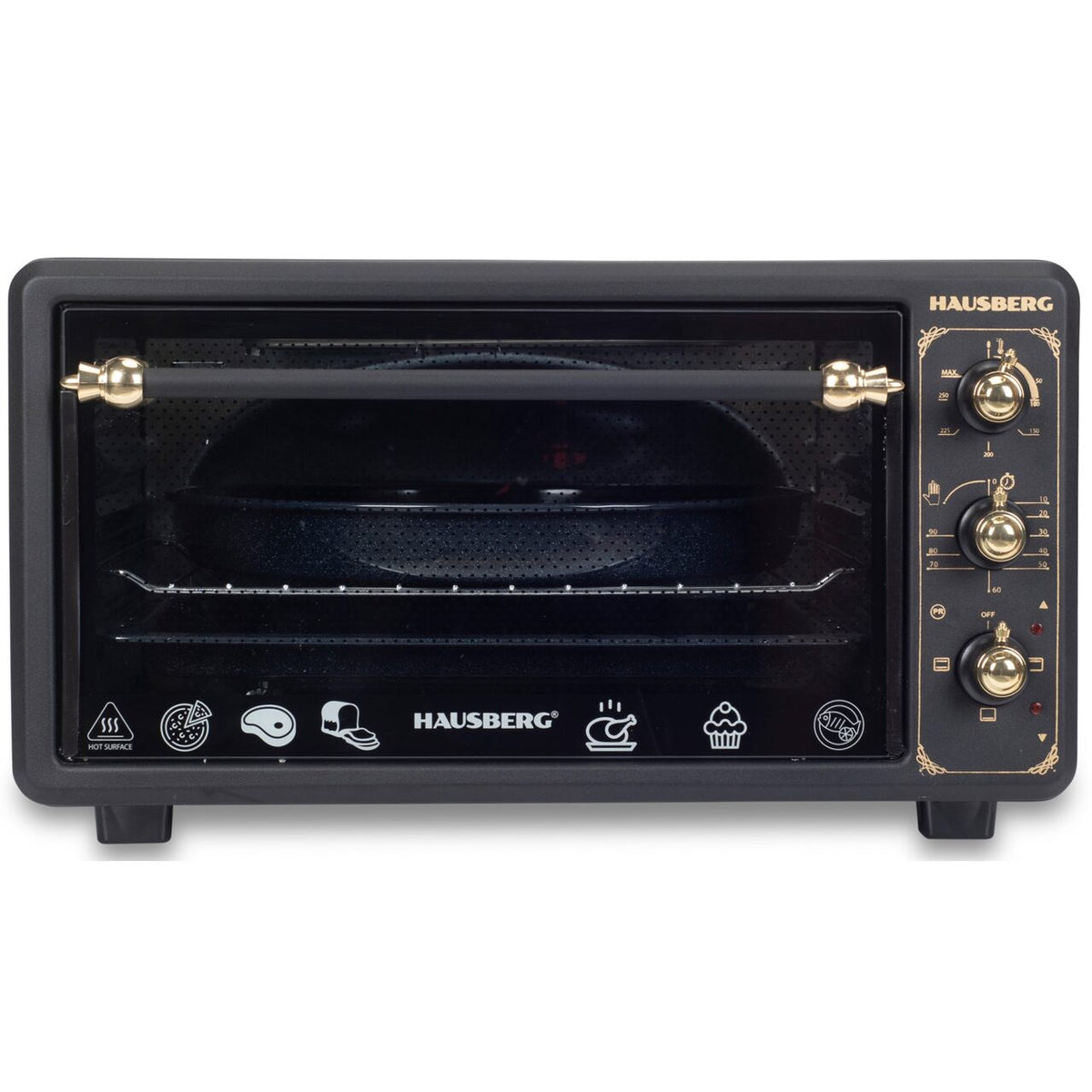 Cuptor electric Rustic HAUSBERG HB-8001RST, 1400W, 48l, Timer mecanic, Termostat reglabil, 4 nivele de inaltime a tavii, usa din sticla rezistenta la temperature ridicate, panou mecanic, Negru-Auriu