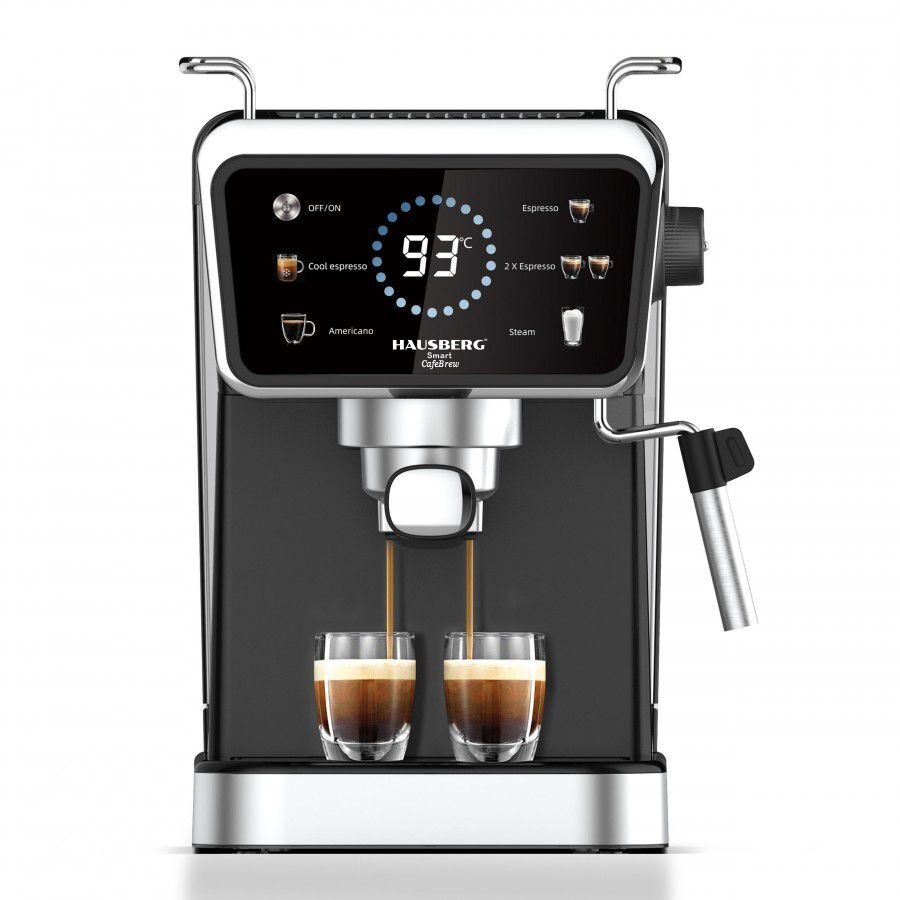 Espressor 2 in 1 HAUSBERG HB-3730IN, Hot & Cold, 20 bari, 1350 W, 1,5 L, Protectie la Supraincalzire si Suprapresiune, ERP, NTC, PID, Timer, Display, Spumare, Cafea macinata si capsule
