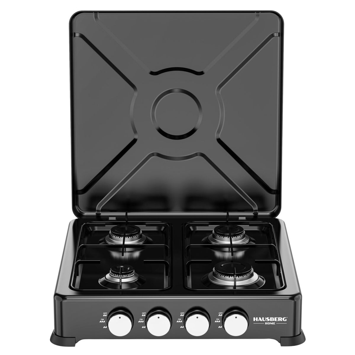 Aragaz portabil Minigaz 4 arzătoare Hausberg HB-H404NG, 2.2kW + 2×1.5kW + 1kW, arzatoare aluminiu, supape CE, corp metalic
