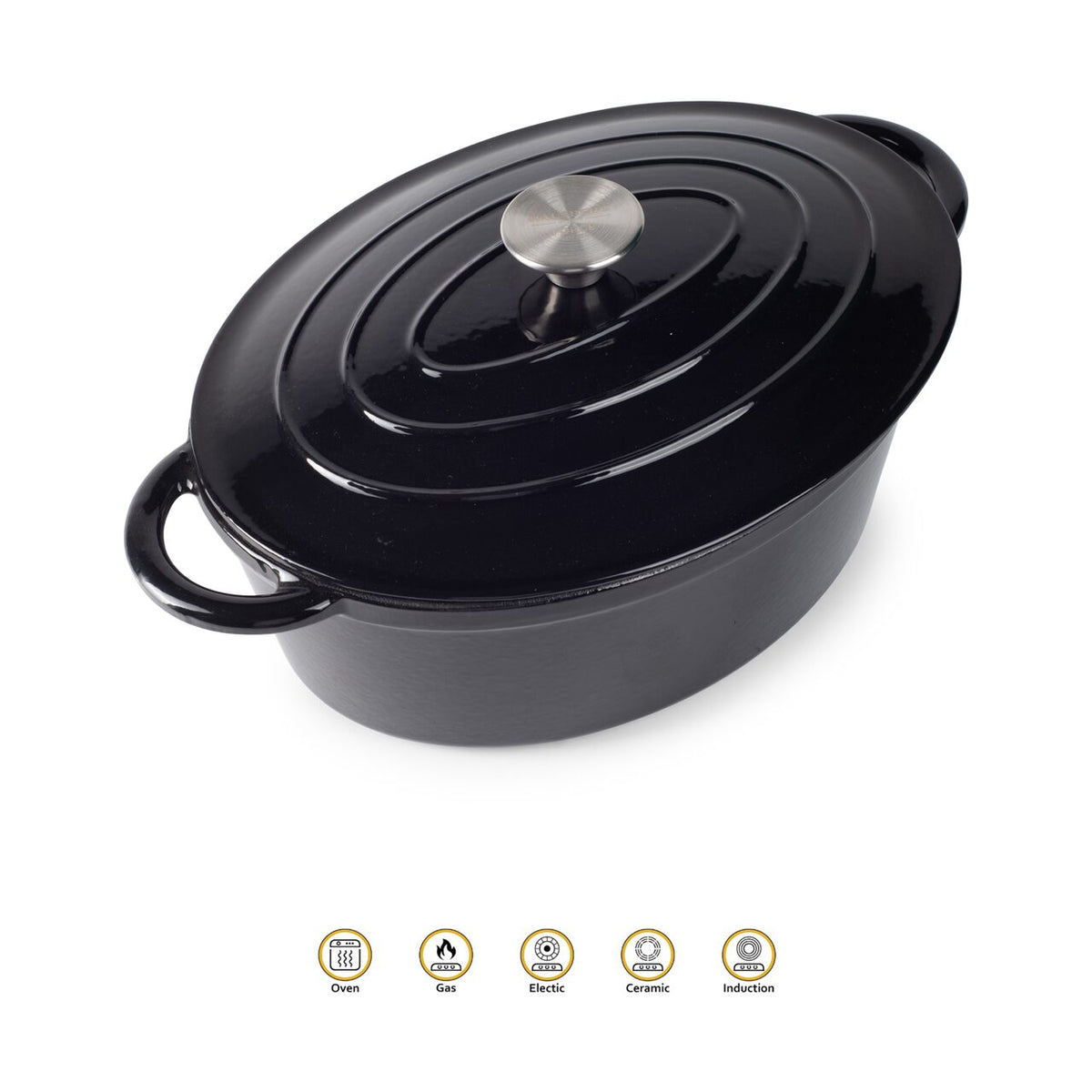 Oala din fonta emailata cu capac HAUSBERG HB-H750, capacitate 4.5L, diametru 30x23 cm, adancime 12 cm, interior antiaderent, Negru