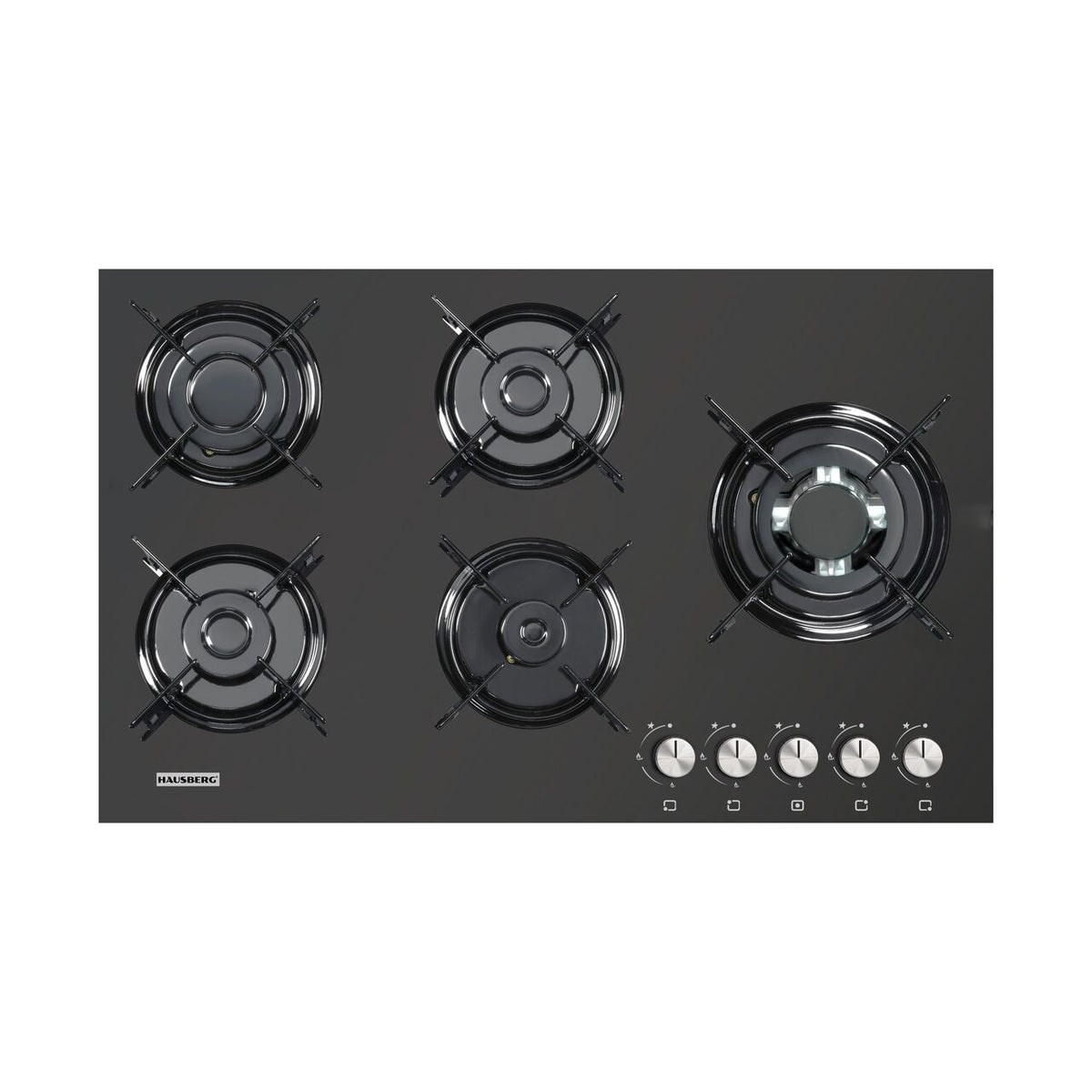 Plita Incorporabila pe Gaz Hausberg HB-588 NG, 5 Arzatoare, Arzator Wok Triplu, Sticla Neagra, FFD, 90 cm