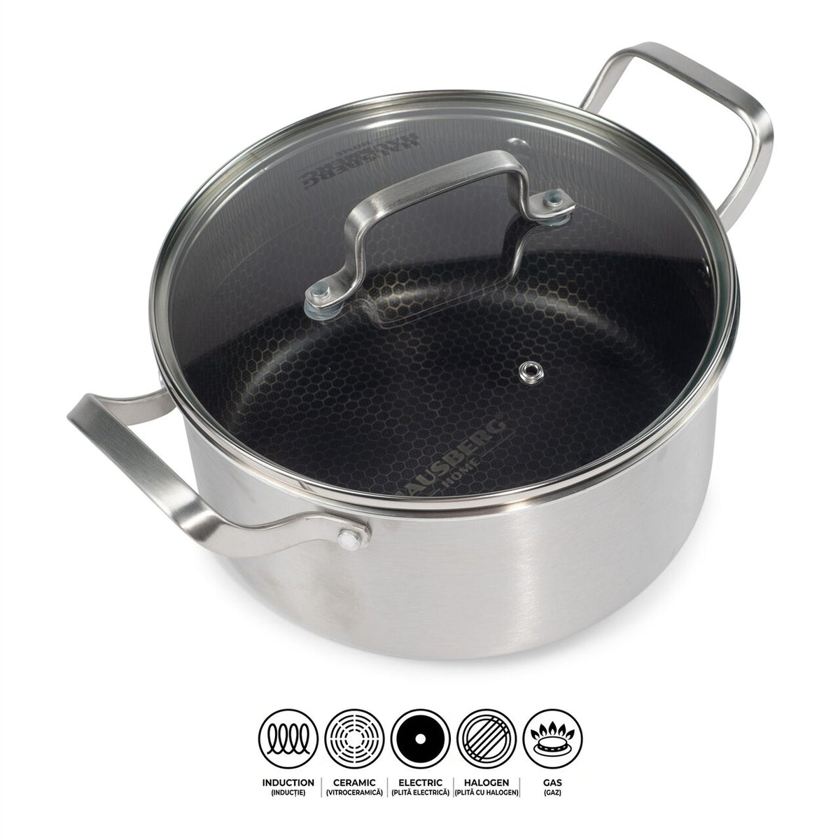 Oală Inox 3-Ply Hausberg HB-HLUX777, 26 cm, 6.2L, Structură Fagure (Honeycomb), Antiaderentă, Inducție