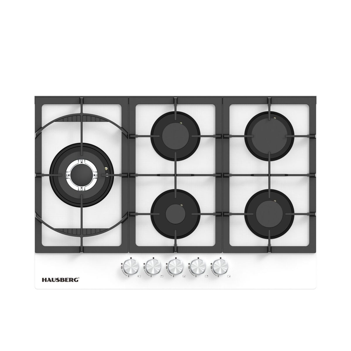 Plită încorporabilă pe gaz Hausberg HB-548AB, sticlă securizată albă, 5 arzătoare, aprindere electrică, grătare fontă, 75 cm