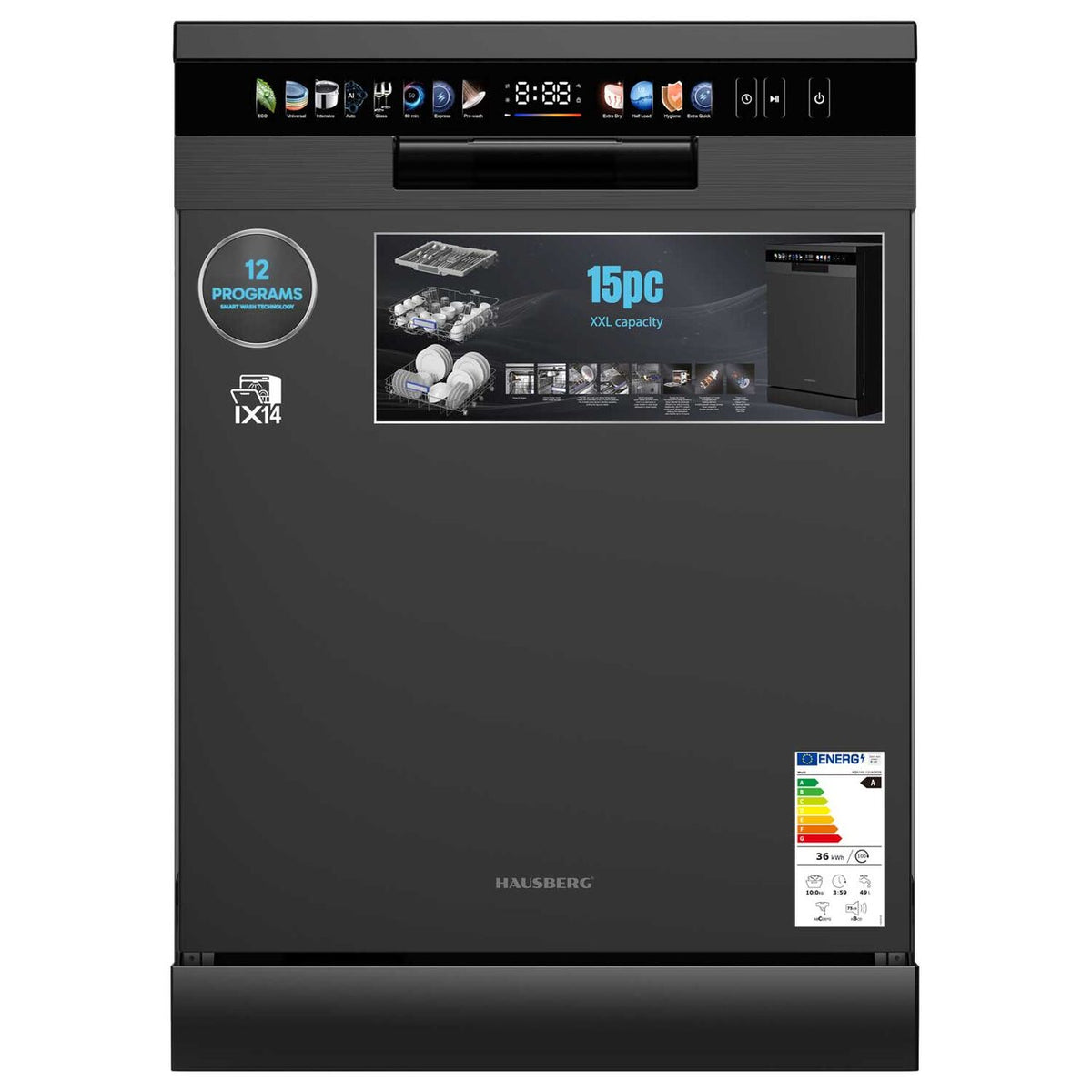 Mașină de spălat vase Hausberg HB-6215NG, digitală, 8+4 programe, negru