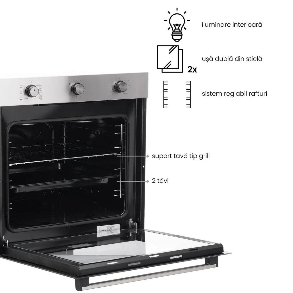 Cuptor incorporabil Hausberg HB-8053IN, Electric, Putere 2225 W, 71 l, 8 Functii, Ventilatie, Timer, Clasa A, Negru/Inox