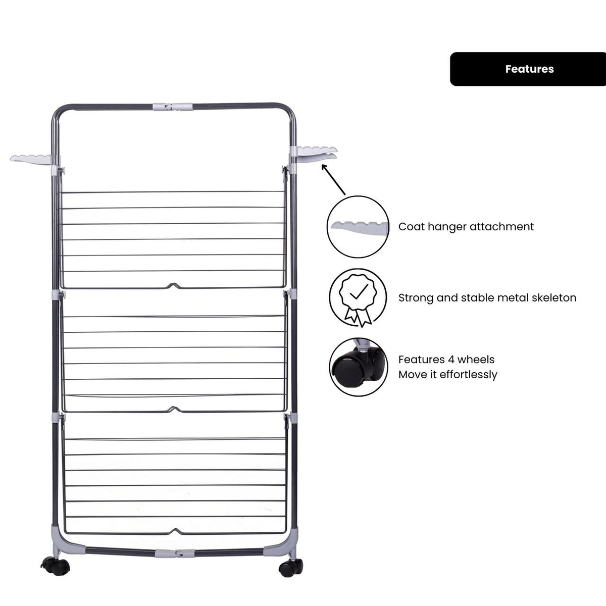 Uscator de rufe cu 3 nivele Ertone MN98U, pliabil cu suport de umerase, suporta 30 kg rufe, Inox