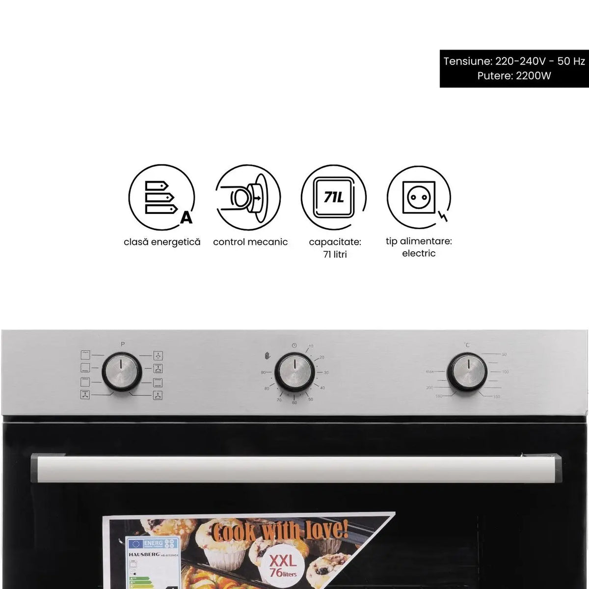 Cuptor incorporabil Hausberg HB-8053IN, Electric, Putere 2225 W, 71 l, 8 Functii, Ventilatie, Timer, Clasa A, Negru/Inox