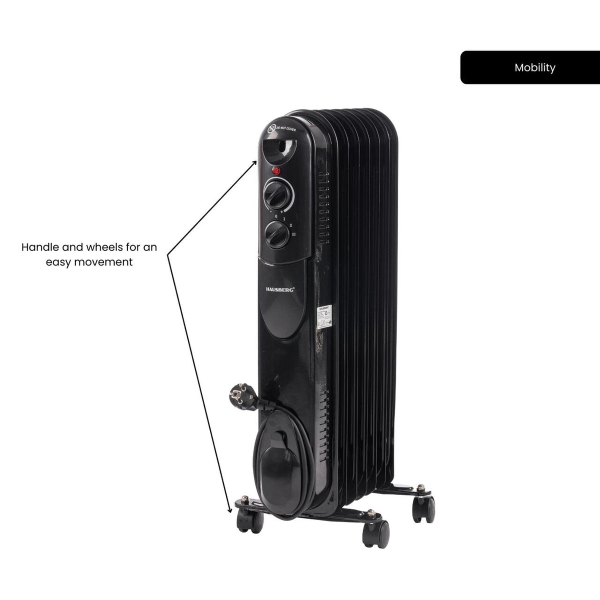 Calorifer electric cu ulei HAUSBERG HB-8905, 3 trepte, max1500 W, 7 elementi, termostat reglabil