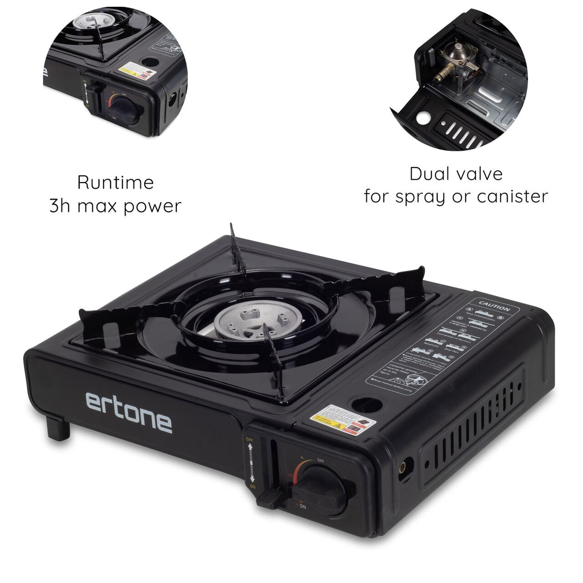 Aragaz portabil 2 in 1 camping Ertone ERT-MN232, Pentru butelie spray si standard, 2.2 kW, Aprindere piezo, Negru
