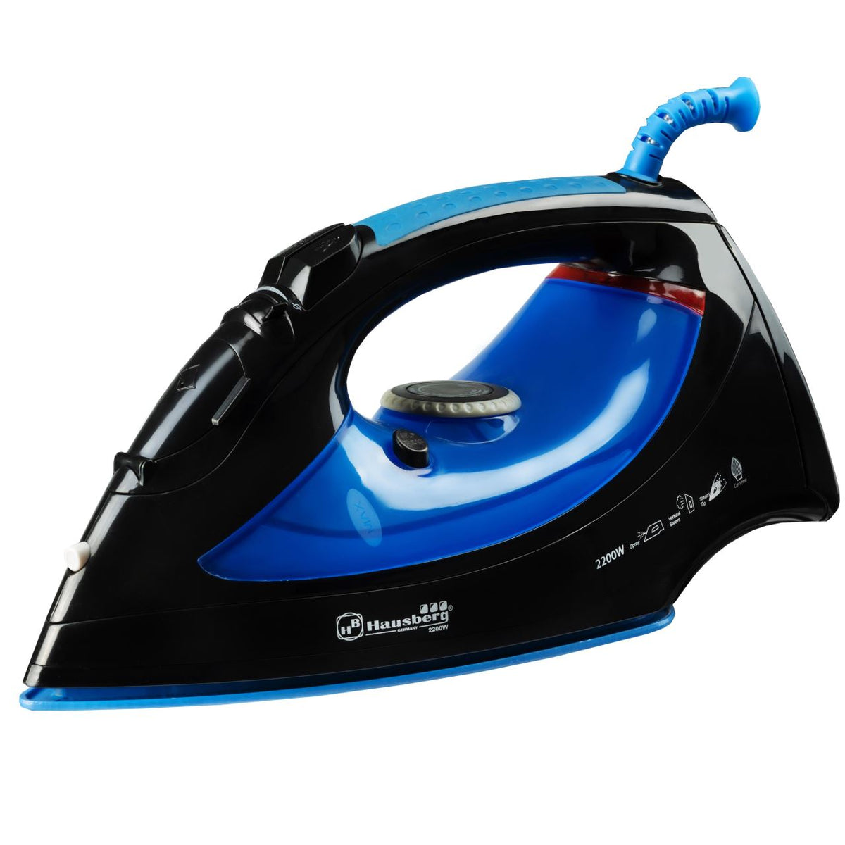 Fier de calcat Hausberg HB-7802BL, talpa ceramica, jet de abur 12g/min, abur pe verticala 25g/min, sistem antipicurare, sistem autocuratare, 2200W