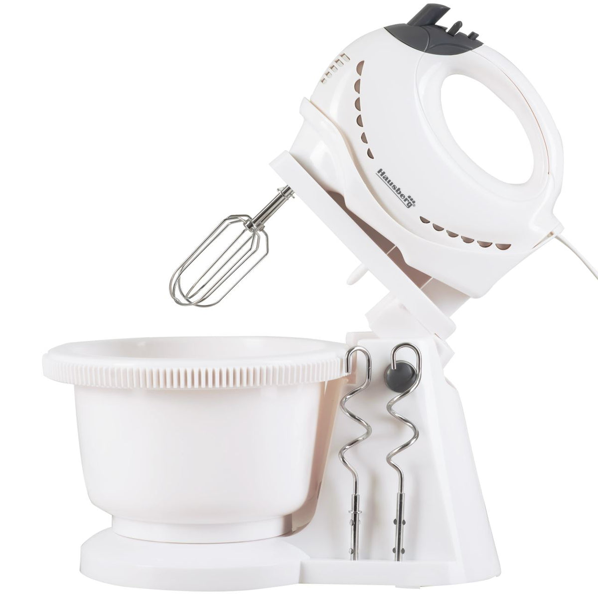 Mixer cu bol rotativ Hausberg HB-3519AB, 5 Viteze + turbo, Capacitate 2L, Putere 300W, Alb