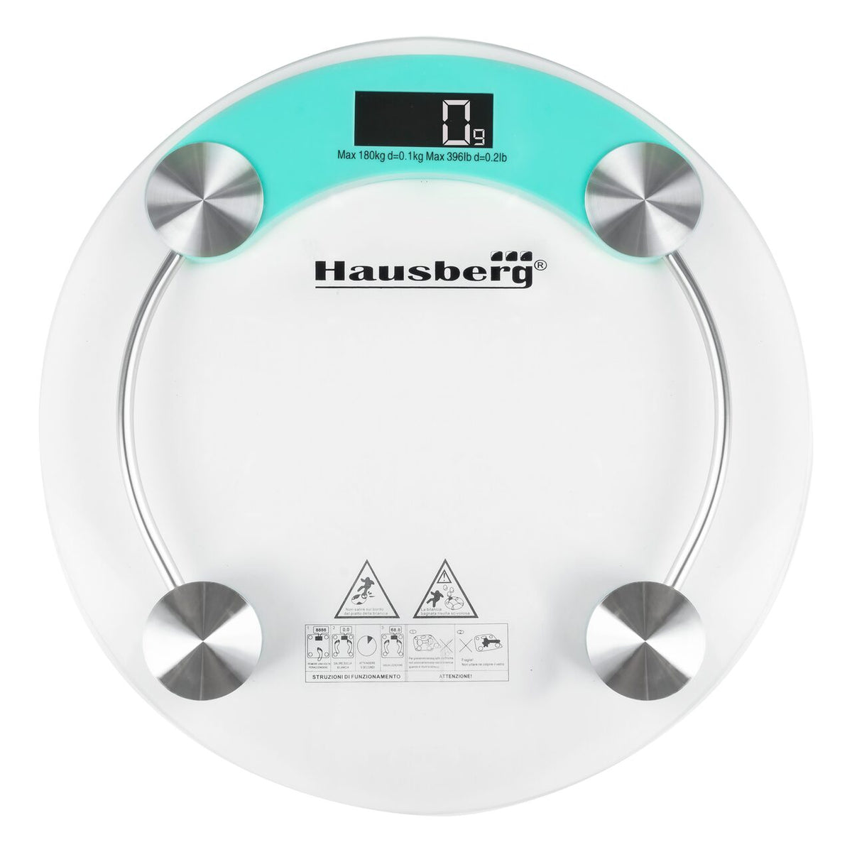 Cantar corporal HAUSBERG HB-6000BL, display LCD, inchidere automata, indicator baterie, 180 kg, Sticla transaparenta, Bleu