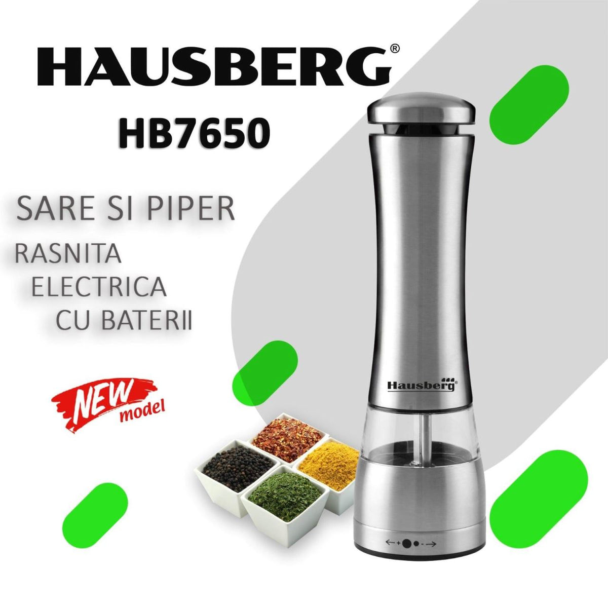 Rasnita sare/piper Hausberg HB-H7650, Electrica, corp din inox 22 cm