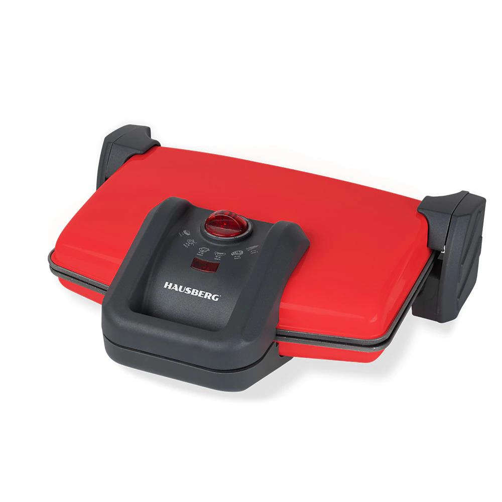 Sandwich-maker Hausberg HB631RS, 1600-1800W, Placi antiaderente, Rosu/Inox