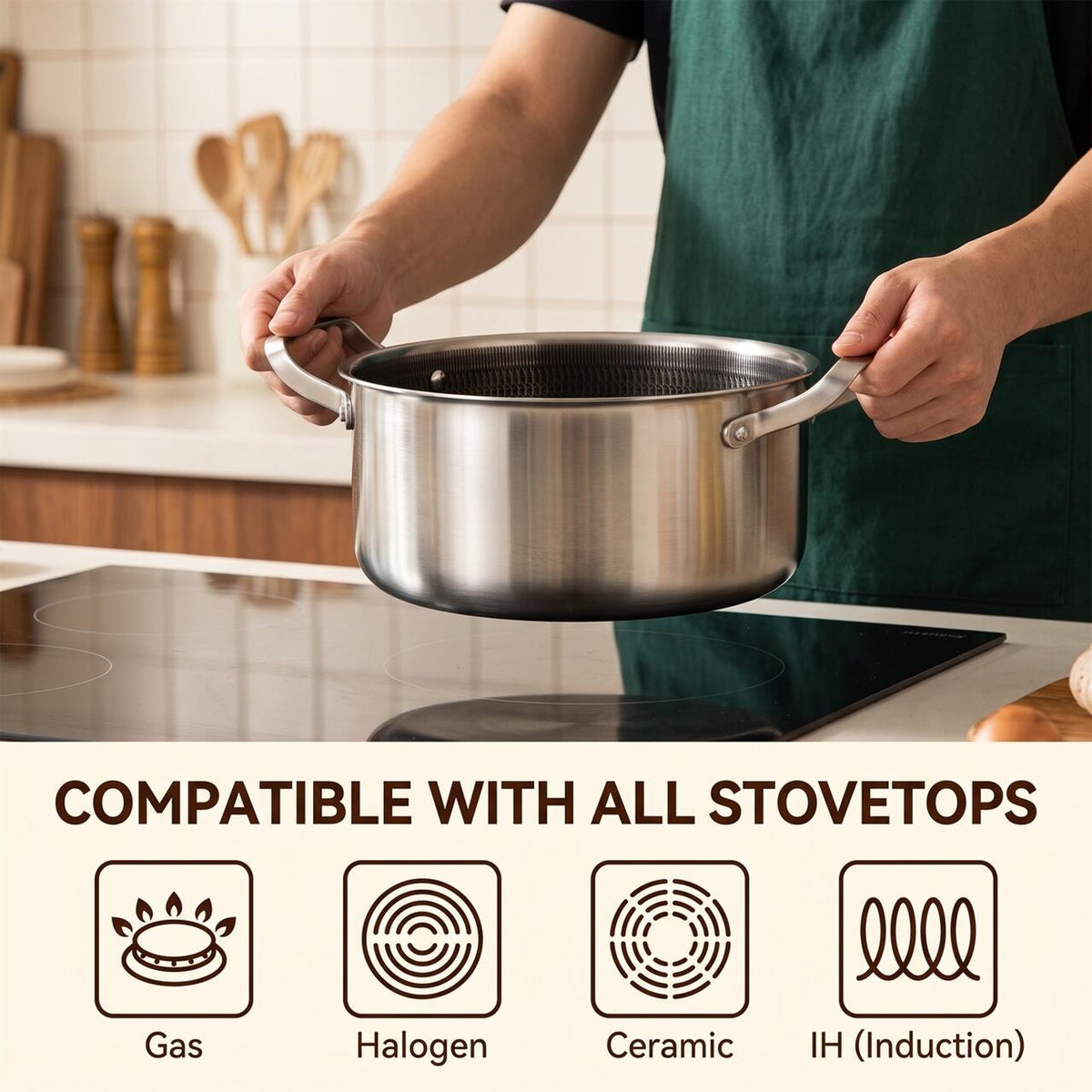 Oală Inox 3-Ply Hausberg HB-HLUX775, 24 cm, 5.1L, Structură Fagure (Honeycomb), Antiaderentă, Toate Plitele