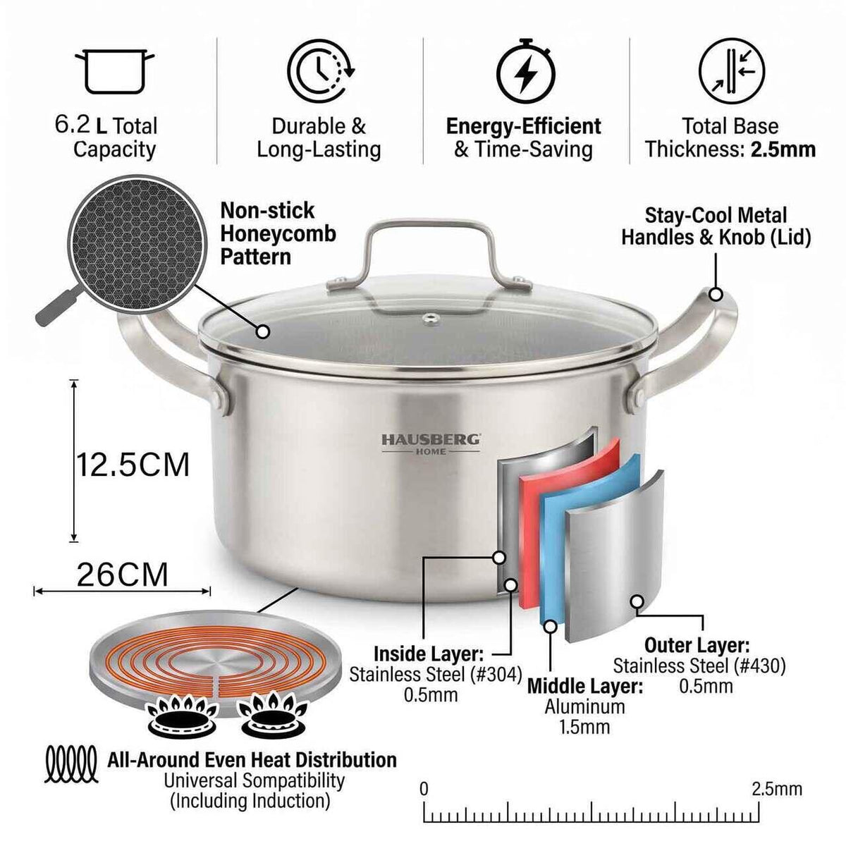 Oală Inox 3-Ply Hausberg HB-HLUX779, 28 cm, 7.3L, Structură Fagure (Honeycomb), Antiaderentă, Inducție