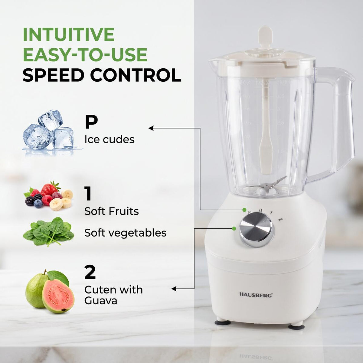 Blender 2 în 1 Hausberg HB-7771AB cu râșniță, 300W, bol plastic 1.75 L, 2 viteze + Pulse, lame inox